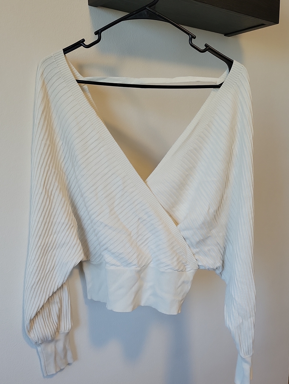 Cream Ribbed Off-Shoulder Sweater